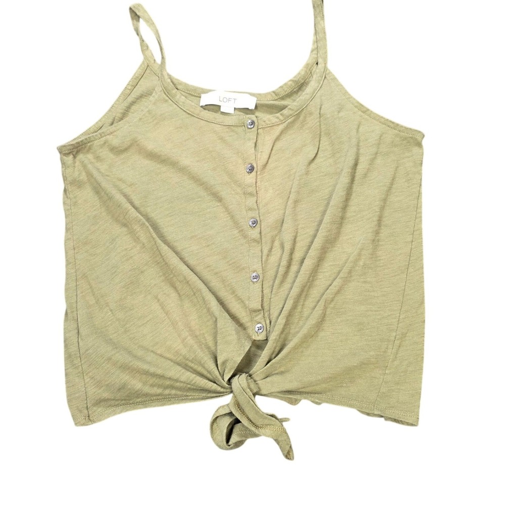 LOFT Cami Tank Top Women's Size Small Olive Green Tie Front Button Slub Knit
